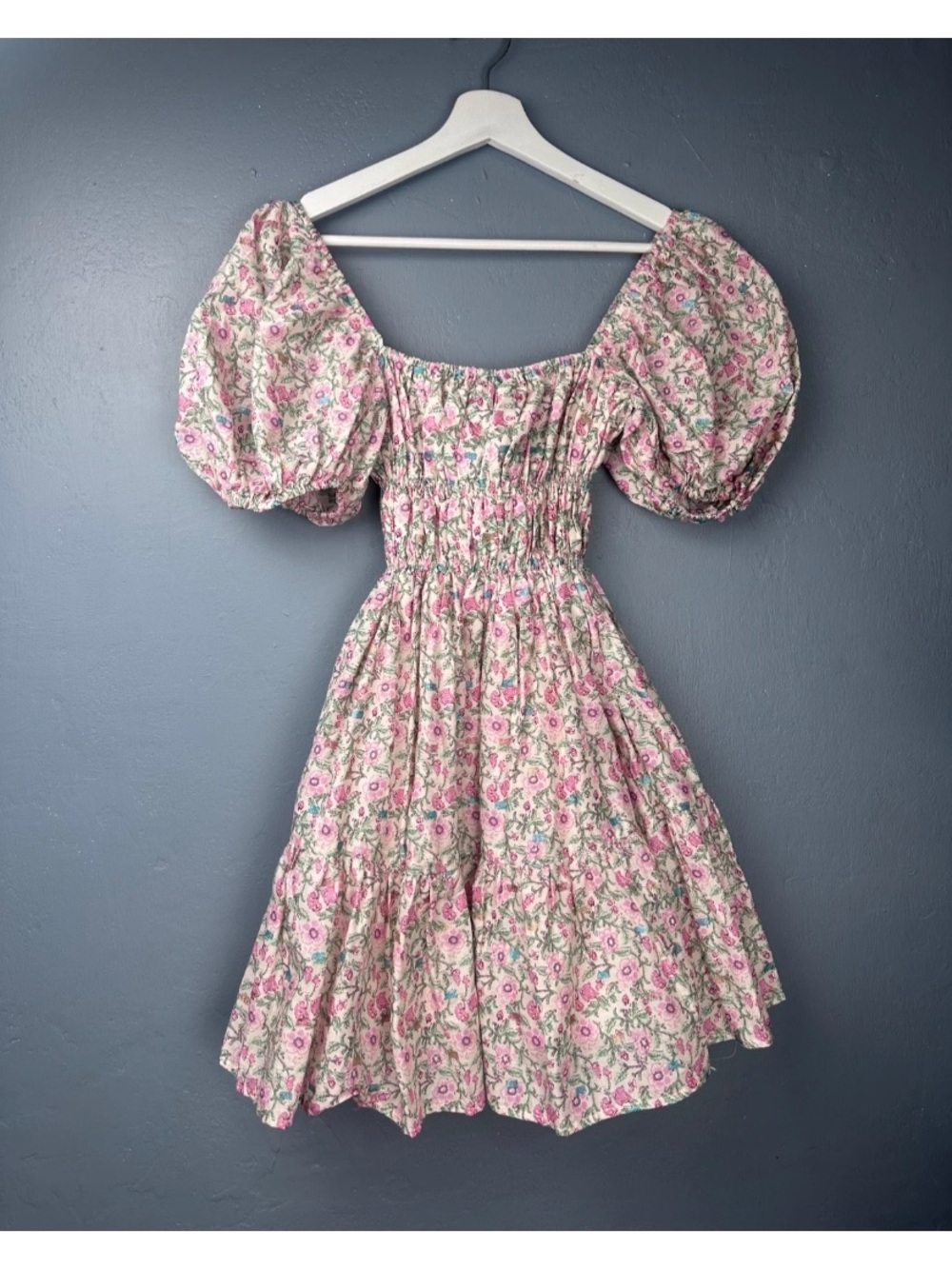 Olivaceous Sz Small Cream Pink Floral Printed Smocked Puff Sleeves Mini Dress